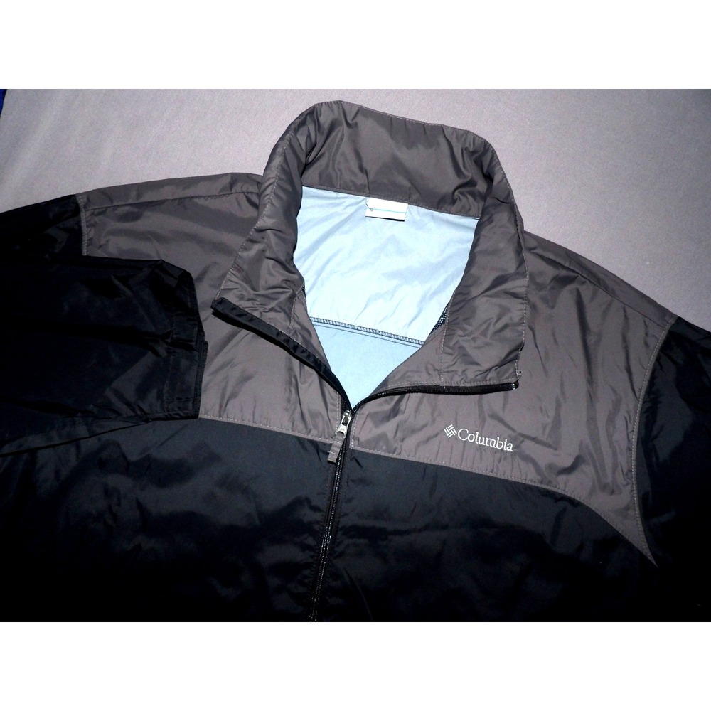COLUMBIA Zip-Up Black/Gray Hidden Hood 100% Nylon Windbreaker Jacket Men's 4XL